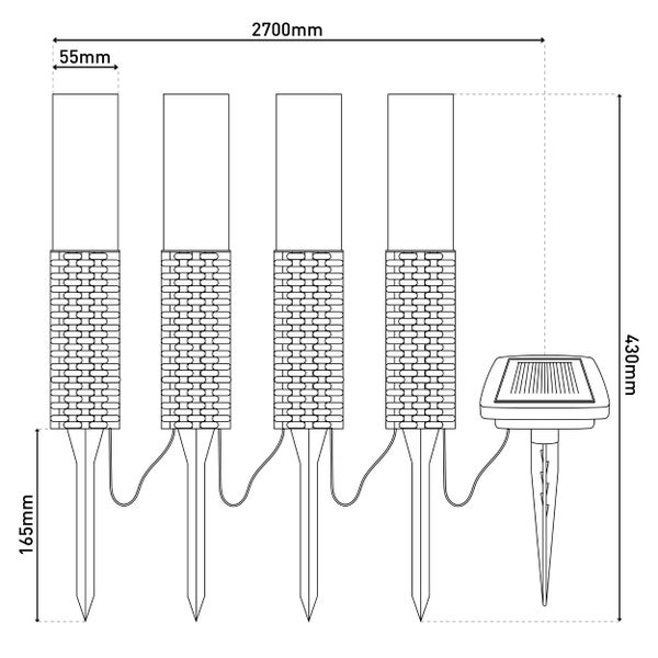 Abbildung einer Gartenleuchte mit den Maßen 2700 mm Breite, 430 mm Höhe, 55 mm Tiefe und 165 mm Erdspießlänge