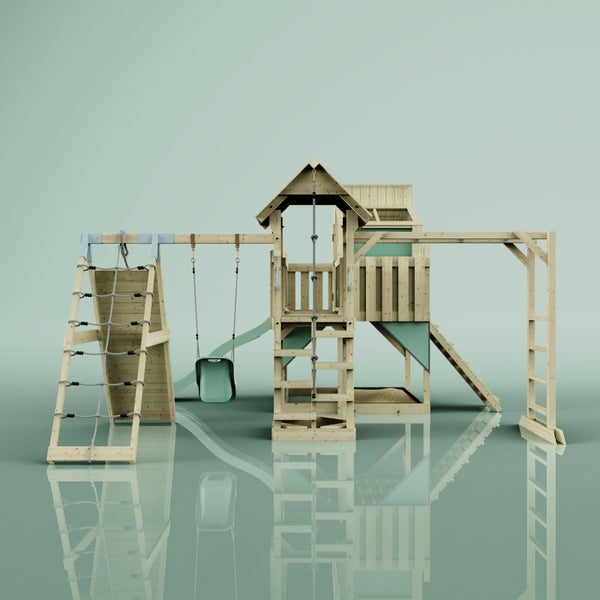 Spielanlage aus Holz mit Rutsche, Schaukel, Kletterwand und Spielhaus für den Garten