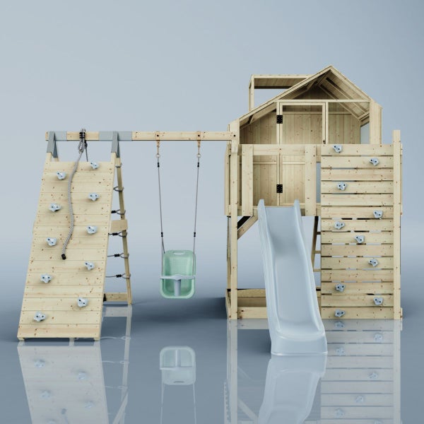 Spielturm aus Holz mit Rutsche, Schaukel und Kletterwand