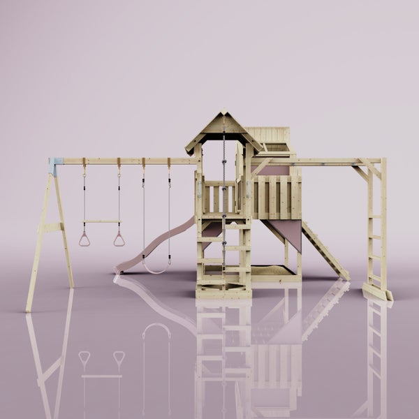 Spielplatz mit Schaukel, Kletterwand und Rutsche aus Holz