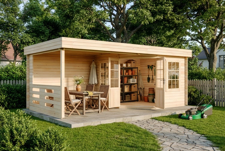 Modernes Gartenhaus aus Holz mit Flachdach, integriertem Unterstand mit Sitzgruppe und einem Abstellraum mit Doppeltür und Sprossenfenster.