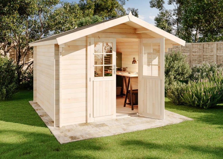Alpholz Gartenhaus Anna-44 ISO Gartenhaus aus Holz Holzhaus mit 44 mm Wandstärke, Blockbohlenhaus mit Montagematerial imprägniert 3,2x3,2m