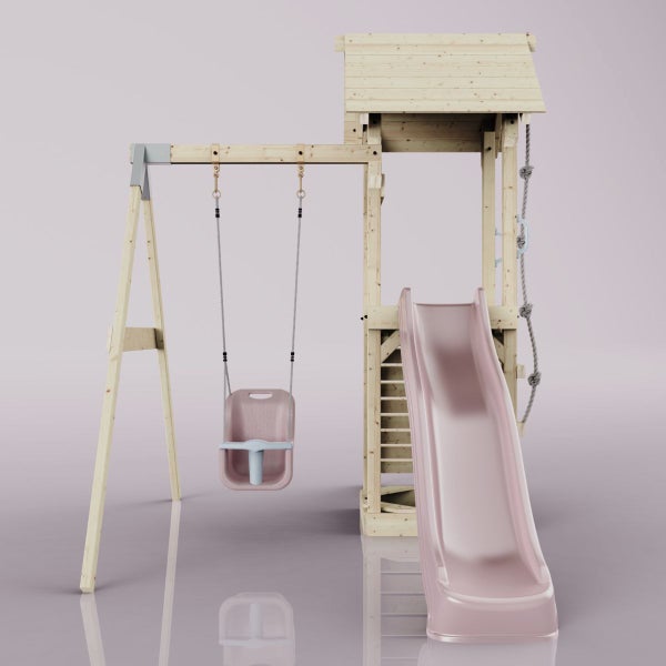 OutdoorToys Spielturm Göteborg aus Holz in Rosa Babyschaukel