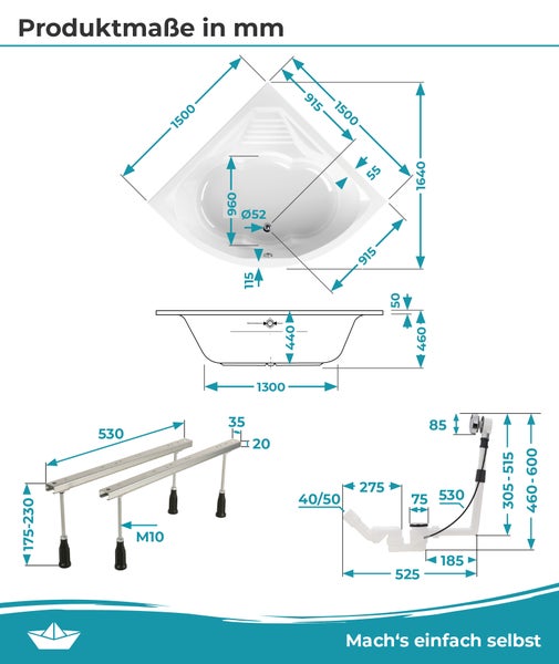 Calmwaters® Eckbadewanne Komplettset 150x150 cm Curved Wellness, Made in EU, 4in1 Acryl-Wanne mit Schürze, Wannenfüßen & Ablaufgarnitur, Duowanne mit integriertem Sitz, Eckwanne 150 x 150, Weiß