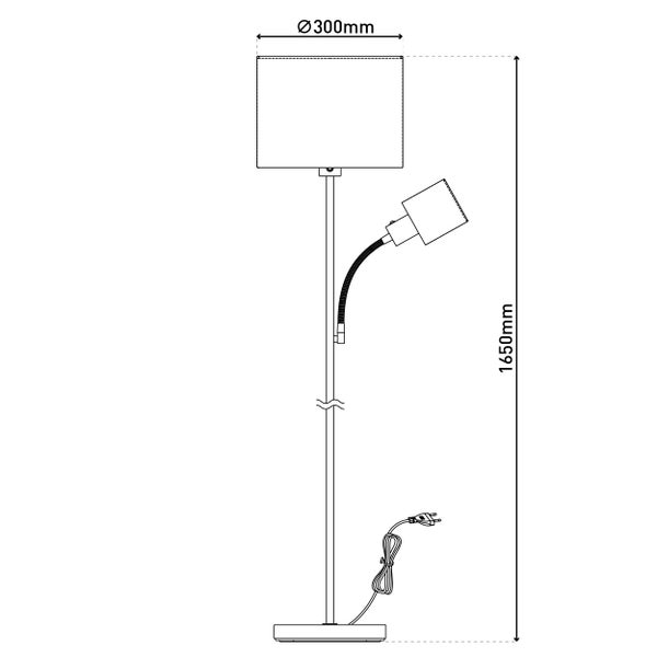 Skizze einer Stehlampe mit einem Durchmesser von 300 mm und einer Höhe von 1650 mm.