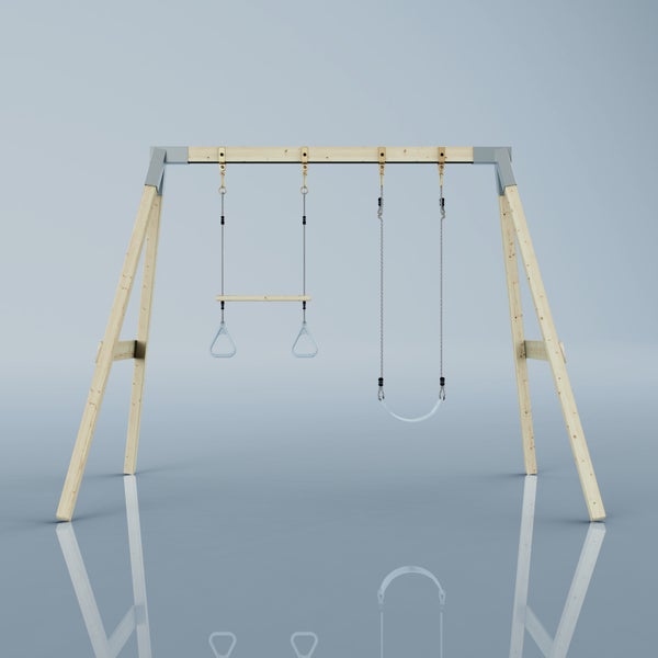 Schaukelgestell aus Holz mit einer Einzelschaukel und einem Trapez mit Turnringen.