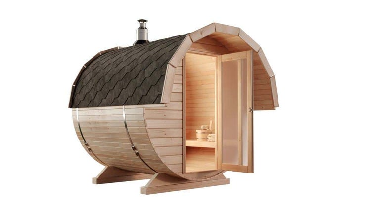 FinnTherm Fasssauna Samantha Fasssauna 2 Sitzbänke aus Holz, Sauna mit 42 mm Wandstärke, Außensauna mit Montagematerial, Naturbelassen
