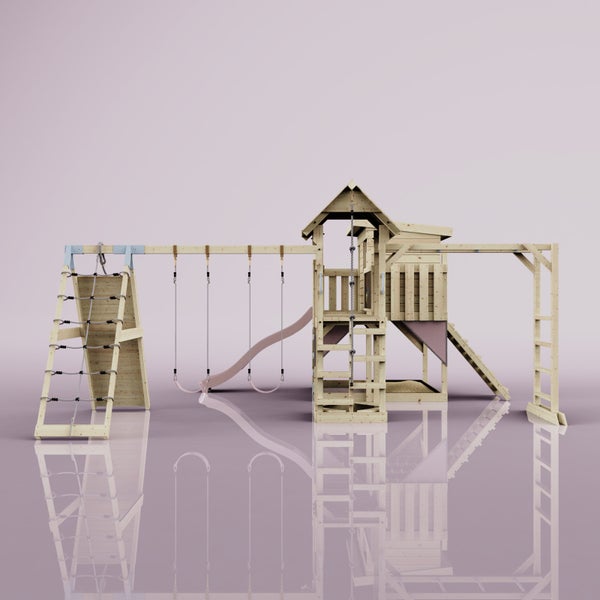 Spielplatz mit Schaukeln, Rutsche, Kletterwand und Spielhaus