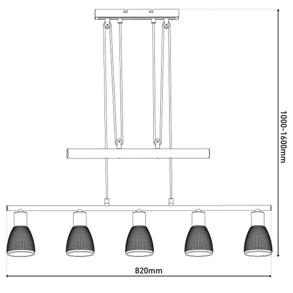 Technische Zeichnung einer Hängelampe mit fünf Leuchten, Abmessungen: 820 mm Breite, 1000 bis 1600 mm Höhe.