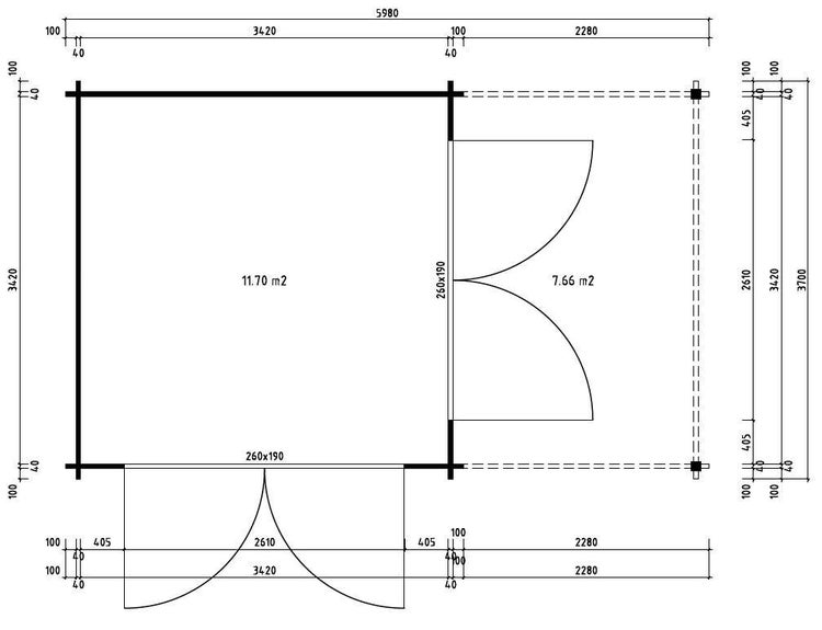 Draufsicht auf ein helles Gartenhaus aus Holz mit möbliertem Innenraum, Glas-Doppeltüren und einer angrenzenden Terrasse mit Liegestühlen.