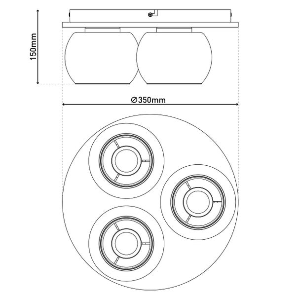 Technische Zeichnung einer Deckenleuchte mit den Maßen 350 mm Durchmesser und 150 mm Höhe.