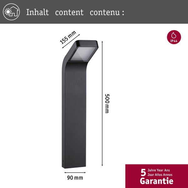 Moderne LED Sockelleuchte für den Außenbereich, 500 Millimeter hoch, Schutzart IP44, 5 Jahre Garantie.