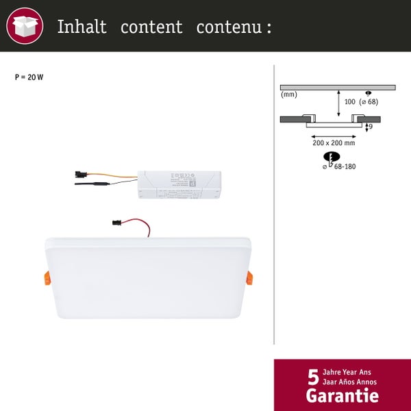 Produktlabel mit technischen Symbolen, Recyclinghinweisen, CE Kennzeichnung und Strichcode für Paulmann Beleuchtungsprodukte.