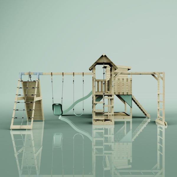 Spielturm aus Holz mit Rutsche, Schaukel und Klettergerüst