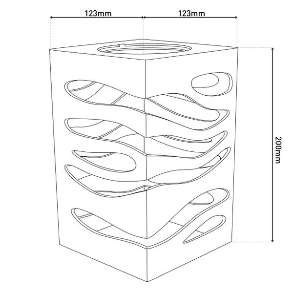 Abbildung eines Würfels mit den Maßen 123 x 123 x 200 Millimeter