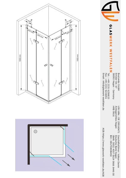 Technische Zeichnung einer Eckeinstiegsdusche mit Maßen.