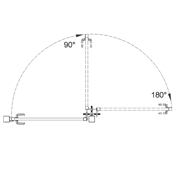 Zeichnung des Schwenkbereichs eines Produkts mit 90-Grad- und 180-Grad-Winkelangaben