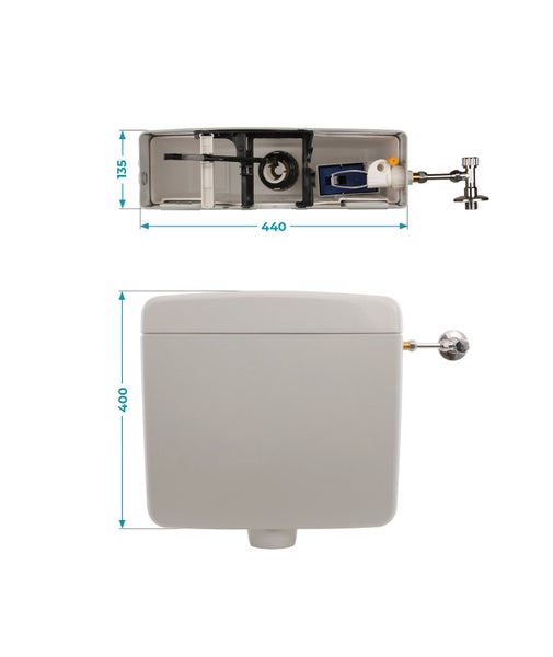 Calmwaters® Spülkasten Grau mit Spül-Stopp-Funktion, 6-9 Liter Spülmenge, Aufputzspülkasten WC schmal, flacher Spülkasten Elements, Aufputz-Montage, Start-Stopp-Taste, Manhattan-Grau, 29HB2717