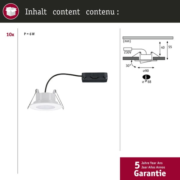 Set mit 10 LED Einbaustrahlern 6 Watt mit technischer Skizze zur Installation und Maßangaben in Millimetern sowie 5 Jahren Garantie