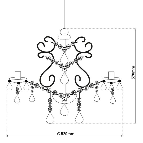 Technische Zeichnung eines Kronleuchters mit Abmessungen 570 mm Höhe und 520 mm Durchmesser.