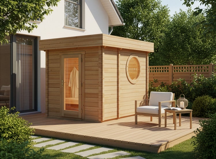Moderne Garten-Sauna aus Holz mit Glas-Tür und Bullaugen-Fenster auf einer Terrasse im Garten neben einem Haus.
