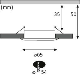 Technische Zeichnung der Einbaumaße für einen LED Einbaustrahler mit 65 Millimeter Durchmesser und 54 Millimeter Lochmaß