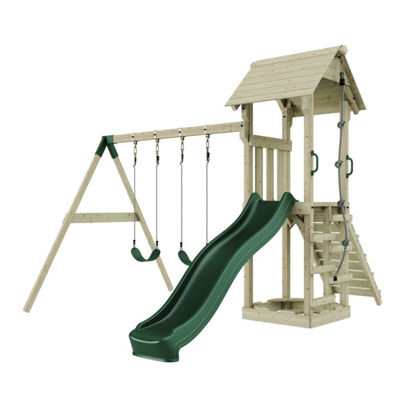 Spielplatz mit Schaukeln, Rutsche, Kletterwand und Spielturm aus Holz