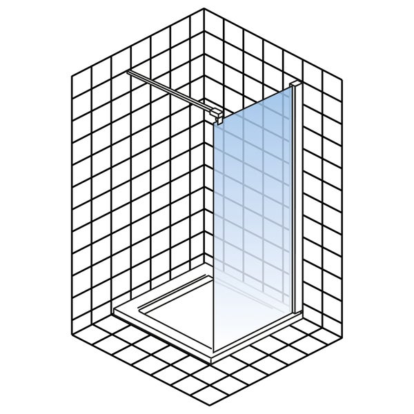Technische Zeichnung einer Walk-In Duschwand aus Glas mit Stabilisierungsstange in einer gefliesten Ecke mit Duschwanne.