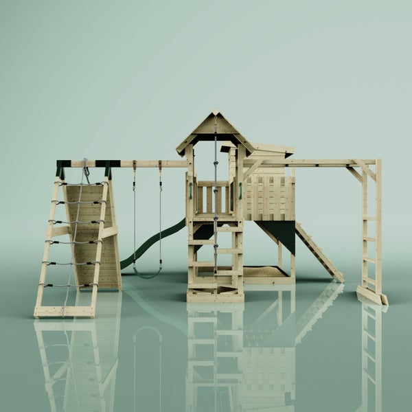 Holzspielturm mit Rutsche, Schaukeln, Kletterwand und Sandkasten für den Garten