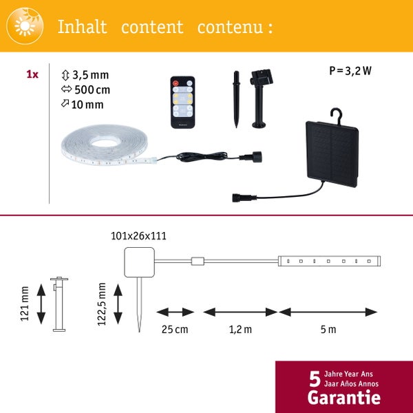 Technische Übersicht Paulmann LED Solar Lichtleiste mit Maßen, IP Schutzarten, Akkuinformationen und Montagehinweisen für den Außenbereich.
