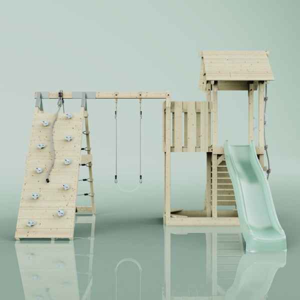 Holzspielplatz mit Rutsche, Kletterwand und Schaukel