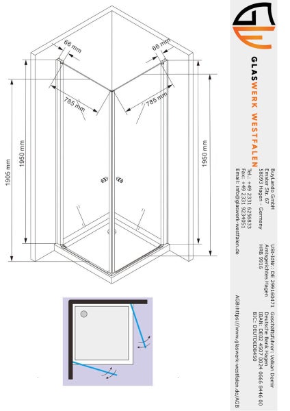 Technische Zeichnung einer Duschkabine mit Maßangaben