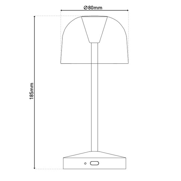 Skizze einer Tischleuchte mit einer Höhe von 185 Millimetern und einem Durchmesser von 80 Millimetern