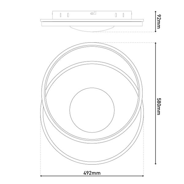 Technische Zeichnung einer Deckenleuchte mit kreisförmigem Design und Maßangaben