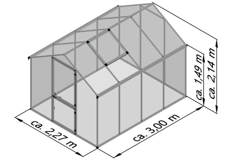 Gewächshaus aus Aluminium mit Maßen: circa 2,27 Meter breit, 3,00 Meter tief, 1,49 Meter Traufenhöhe und 2,14 Meter Gesamthöhe.
