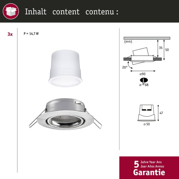 Dreier Set LED Einbaustrahler mit technischer Skizze und Einbaumaßen sowie fünf Jahren Garantie.