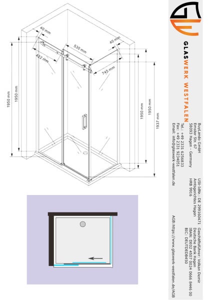 Technische Zeichnung einer Duschkabine mit Maßen