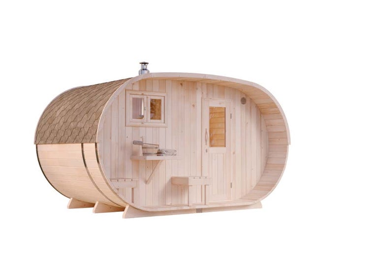FinnTherm Saunahaus Oval Gartensauna 2 Sitzbänke aus Holz, Sauna mit 41 mm Wandstärke, Außensauna mit Montagematerial, Naturbelassen 4,2x2,4m