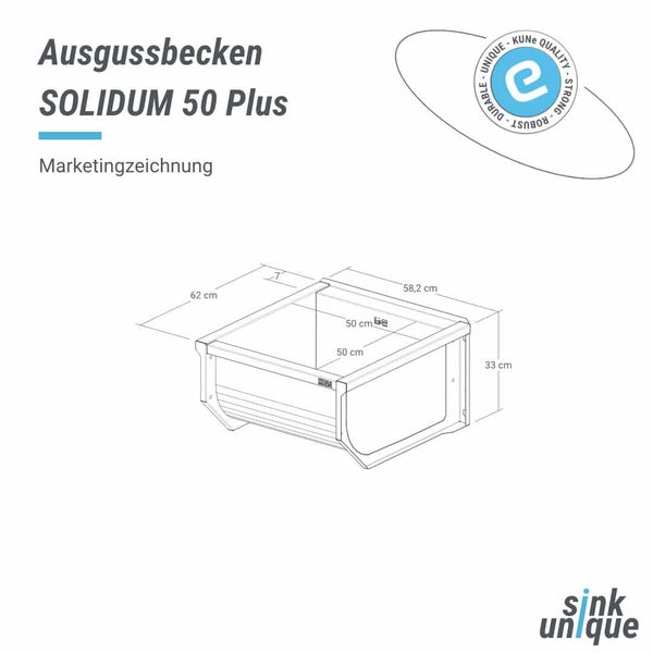 Ausgussbecken Solidum 50 Plus mit Maßangaben als Marketingzeichnung