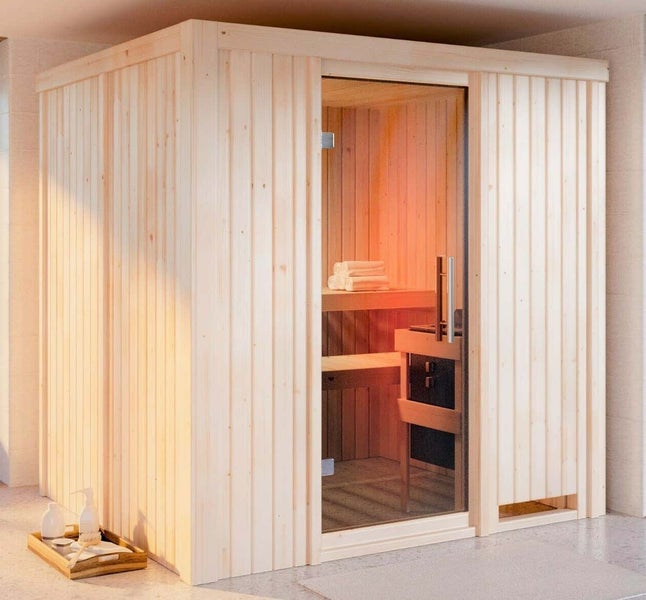 FinnTherm Innensauna Enie mit Fronteinstieg aus Holz Innensauna mit 68 mm Wandstärke Saunakabine Infrarotsauna