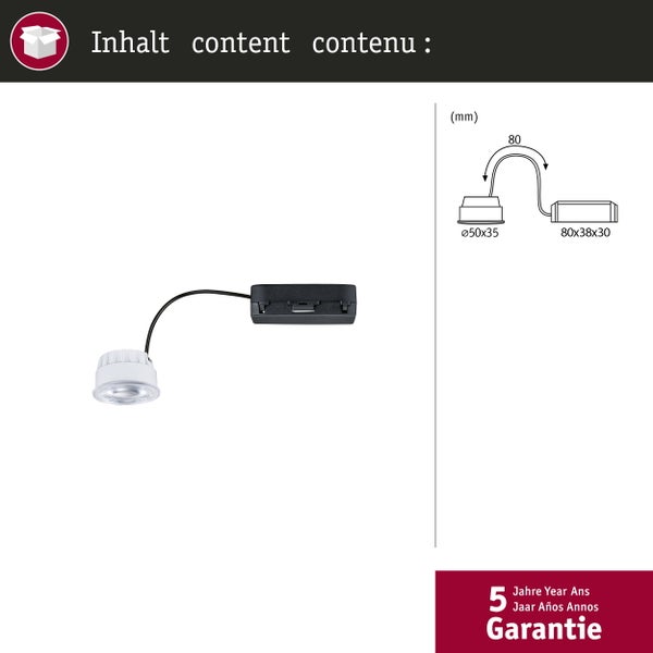 LED Einbauleuchte mit Batteriegehäuse und Maßzeichnung sowie Symbol für 5 Jahre Garantie