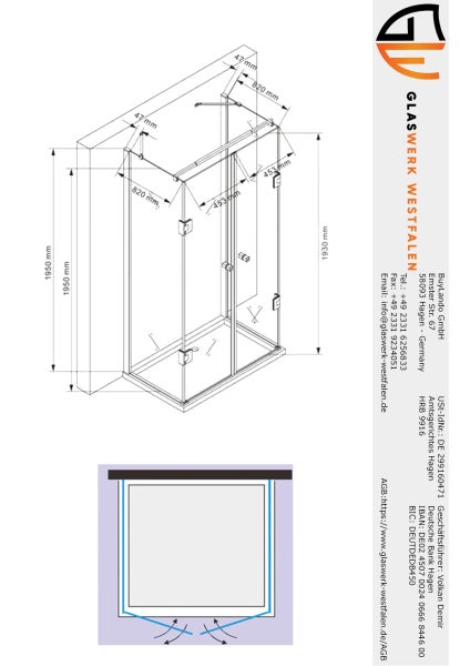 Technische Zeichnung einer Duschkabine mit Maßangaben