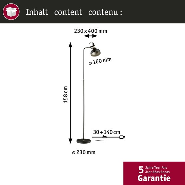 Technische Zeichnung einer Stehleuchte mit Maßangaben und fünf Jahren Garantie.