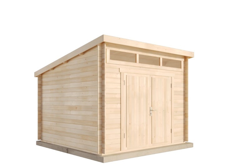 Schaukelgestell aus hellem Holz mit einer Babyschaukel inklusive Sicherheitsbügel und einer klassischen Brettschaukel.