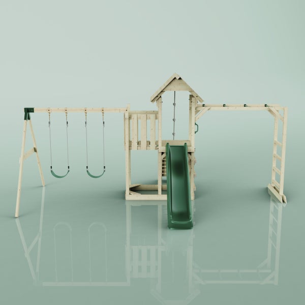 Spielplatz aus Holz mit Schaukeln, Rutsche, Kletterseil und Klettergerüst