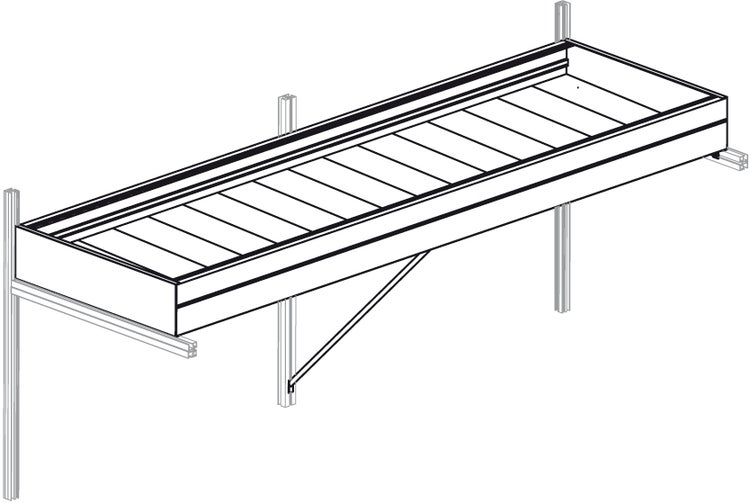 Strichzeichnung eines hängenden Gewächshaustisches mit Lattenboden und tragendem Metallrahmen.