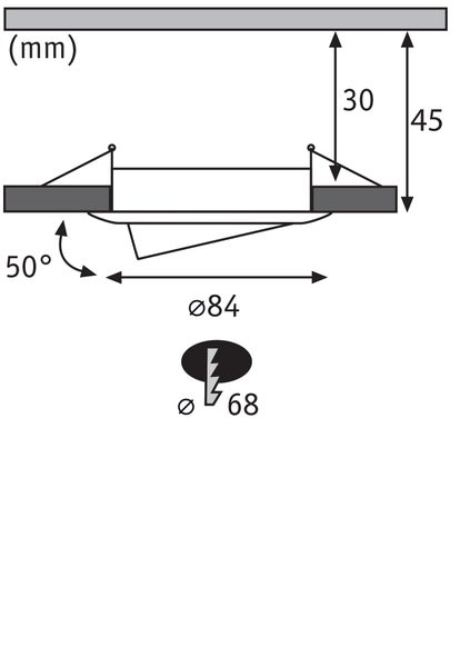 Technische Zeichnung eines Einbaustrahlers mit Maßen in Millimeter, Durchmesser 84 Millimeter und Einbaulochdurchmesser 68 Millimeter.