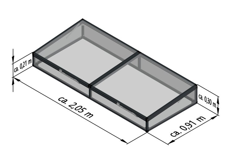 Frühbeet mit Aluminiumrahmen und Hohlkammerplatten, Maße circa 2,05 m mal 0,91 m, Höhe circa 0,21 m bis 0,30 m.