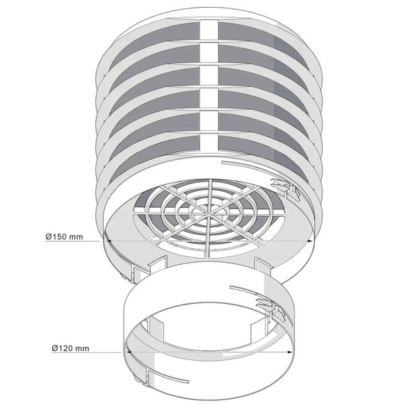 Technische Zeichnung eines runden Lüftungsgitters mit den Durchmessern 150 Millimeter und 120 Millimeter.