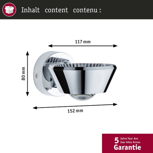 Verpackungsrückseite einer Paulmann LED Wandleuchte mit technischen Daten wie Lichtstrom, Abstrahlwinkel, Leistung, Maßen und IP44 Spritzwasserschutz.